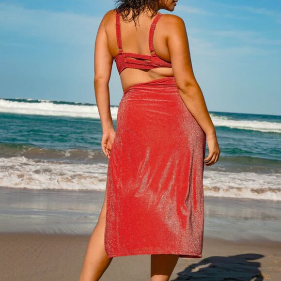 Berlook Red Lurex Plus Size Cover-Up | Size 16 | 1X | NWT | Twist Detail - Picture 2 of 4